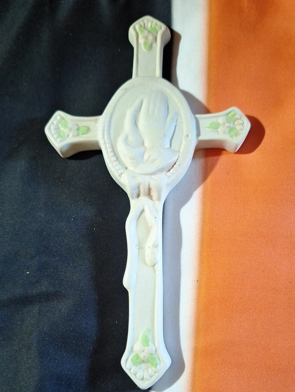 Vintage White Ceramic Crucifix Wall Cross with Subtle Green Accents